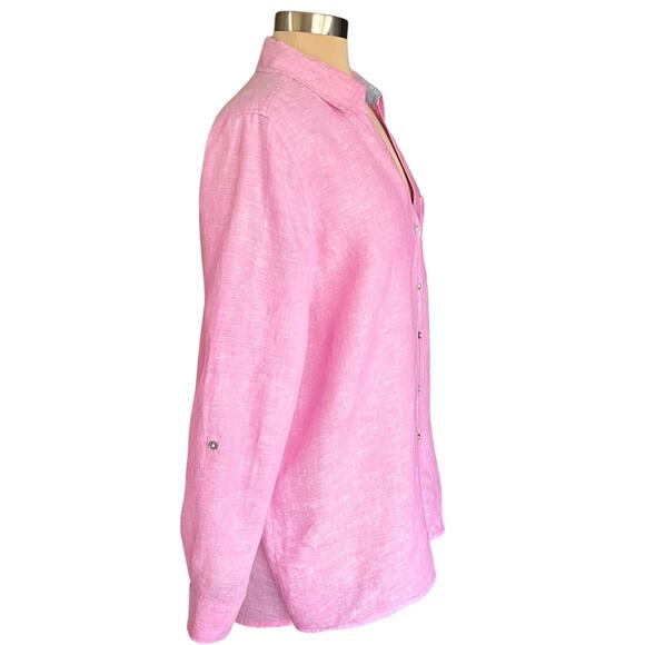 Sigrid Olsen Linen Button Down Shirt Womens Medium Tunic Pink Roll Tab Sleeves - Picture 3 of 7